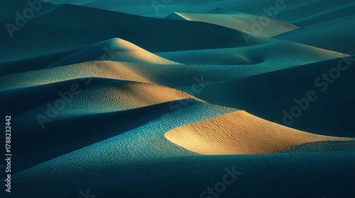 The vast desert landscape with rhythmic sand dunes highlighted with light and shadow, creating a dynamic visual