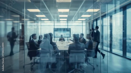 Business professionals meeting in a modern glass conference room with city views while discussing data on a large presentation screen