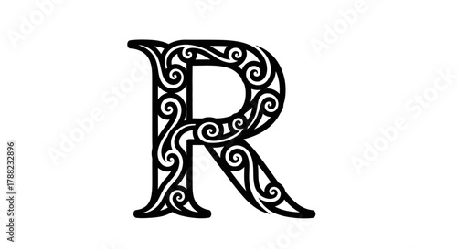 Ornate capital letter R design intricately decorated with flourishing spiral patterns and elegant