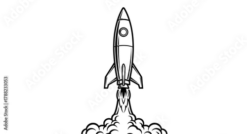 Monochrome rocket launch illustration depicting ambition and futuristic exploration