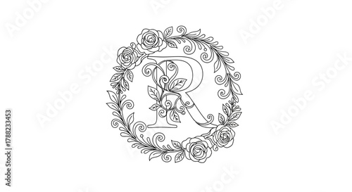 Elegant initial R adorned with blooming roses and swirling foliage artistic drawing