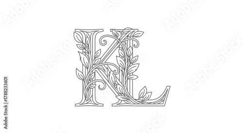 Elegant botanical initial letters KL intertwined with delicate leaves and flowing tendrils