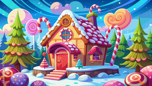 Charming candy-decorated cottage surrounded by a snowy wonderland, featuring lollipop trees, peppermint fences, and icing-covered roofs. A high-resolution festive fantasy scene glowing with warmth