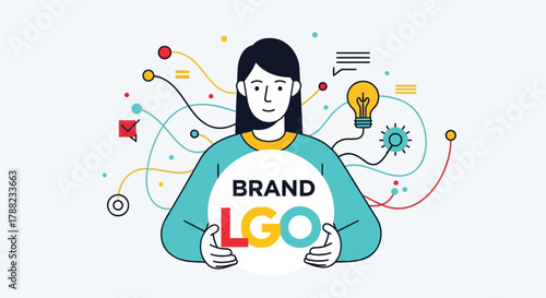 Creative person holding a sign with the words brand logo surrounded by colorful abstract elements and a lightbulb representing ideas and innovation