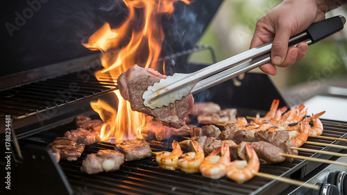 Grilling meat and shrimp on outdoor barbecue