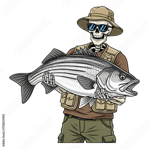 Retro style skeleton fisherman holding striped bass big fish vector illustration