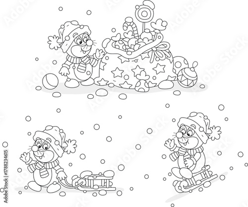 Cute little mole with a holiday gift bag full of funny toys and sweets, pulling its sledge and sledding down a snow hill, black and white vector cartoon illustration for a coloring book