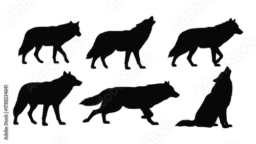 Wolf silhouettes set isolated on white background, Vector
