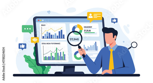 Man analyzing social media performance data on a computer screen with charts and graphs showing engagement and reach metrics