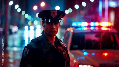 A vivid portrayal of a police officer in a nighttime setting. The officer is dressed in a classic police uniform, complete with a peaked cap adorned with a badge.