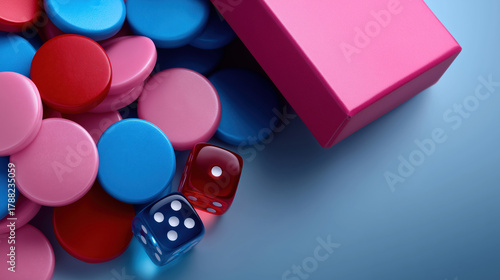 Colorful game pieces and dice arranged on a blue surface