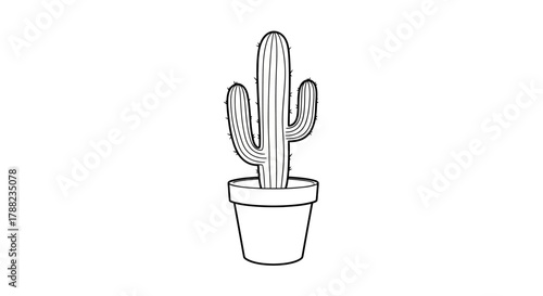 Simple line drawing of a potted cactus with minimalist design in monochromatic scheme