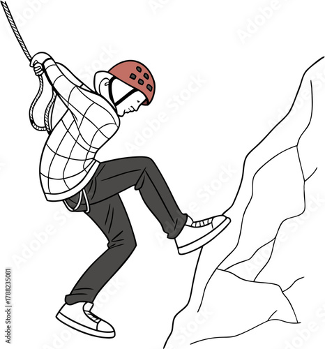 Line art illustration of a climber rappelling, wearing a red helmet and plaid shirt, on a rock face.