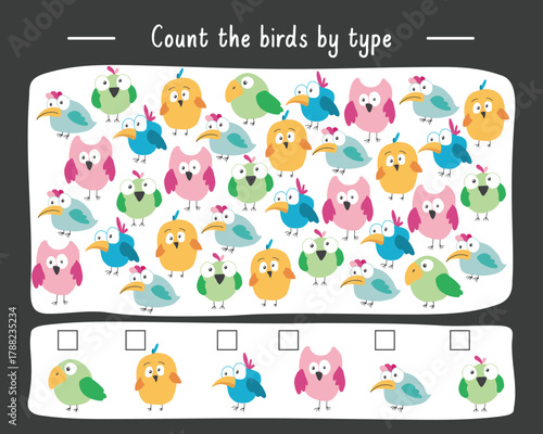 Math game for children with cute cartoon birds, Logical activities for kids, Count the number of birds. Vector illustration.