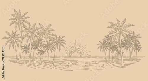 Elegantly designed tropical beach landscape with line art palm trees and a sunset at sea horizon
