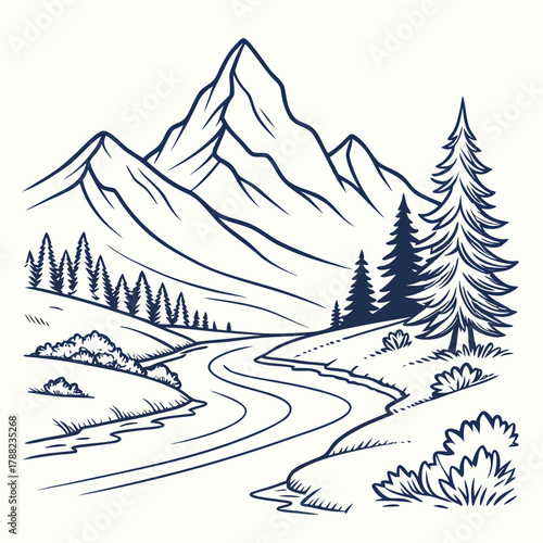Serene mountain landscape with winding river and pine trees