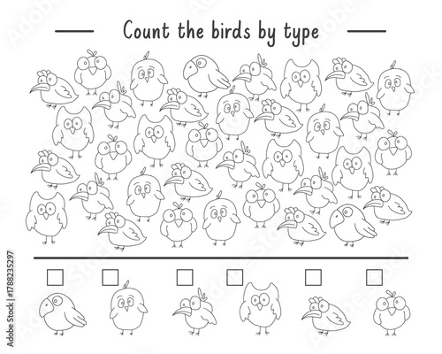 Math game for children with cute cartoon birds, Logical activities for kids, Count the number of birds. Vector illustration.