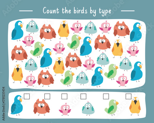 Math game for children with cute cartoon birds, Logical activities for kids, Count the number of birds. Vector illustration.