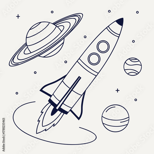 Rocket ship launching among planets and stars in outer space