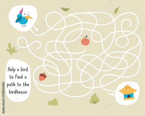 Labyrinth, Maze game for children. Logical puzzle for kids. Quest to find the right path for a bird to the bird house. Vector illustration
