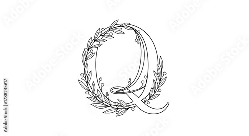 Letter Q adorned with delicate floral wreaths, refined botanical elegance and charm