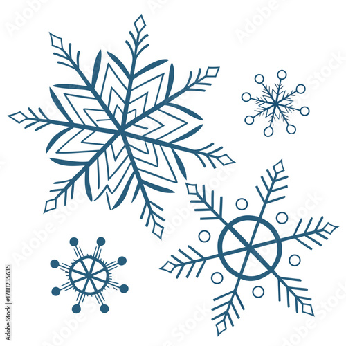A collection of stylized blue snowflakes on a white background