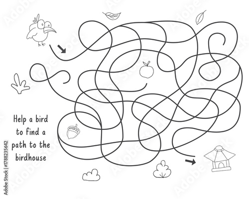 Labyrinth, Maze game for children. Logical puzzle for kids. Quest to find the right path for a bird to the bird house. Vector illustration