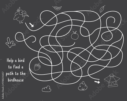 Labyrinth, Maze game for children. Logical puzzle for kids. Quest to find the right path for a bird to the bird house. Vector illustration