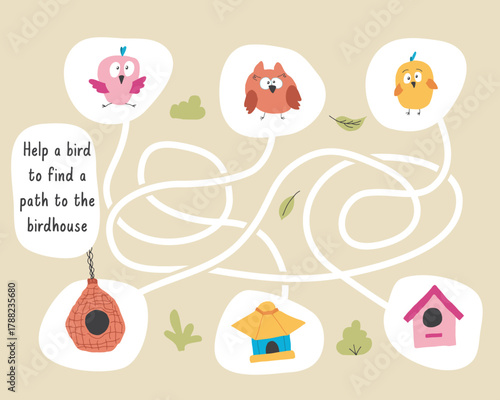 Labyrinth, Maze game for children. Logical puzzle for kids. Quest to find the right path for a bird to the birdhouse. Vector illustration