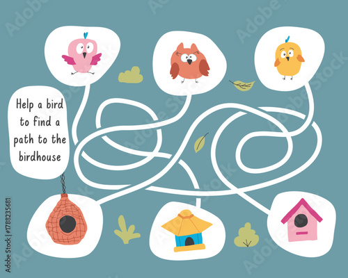 Labyrinth, Maze game for children. Logical puzzle for kids. Quest to find the right path for a bird to the birdhouse. Vector illustration