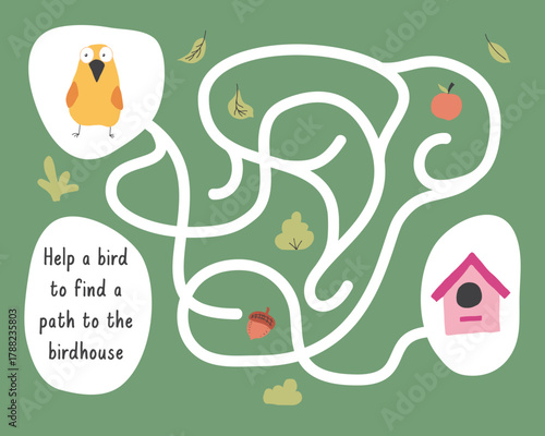 Labyrinth, Maze game for children. Logical puzzle for kids. Quest to find the right path for a bird to the birdhouse. Vector illustration