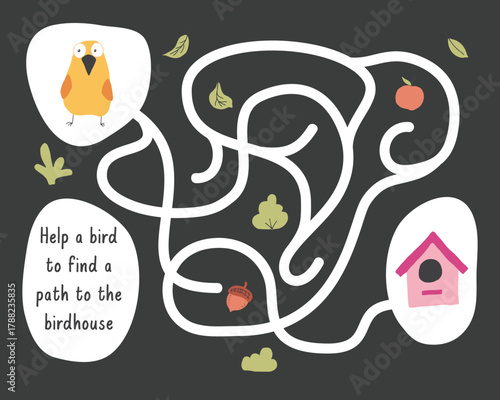 Labyrinth, Maze game for children. Logical puzzle for kids. Quest to find the right path for a bird to the birdhouse. Vector illustration