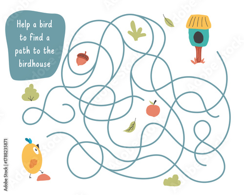 Labyrinth, Maze game for children. Logical puzzle for kids. Quest to find the right path for a bird to the birdhouse. Vector illustration