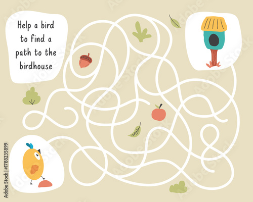 Labyrinth, Maze game for children. Logical puzzle for kids. Quest to find the right path for a bird to the birdhouse. Vector illustration