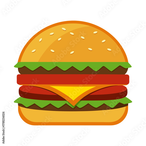 Delicious beef cheeseburger isolated on a white background with lettuce, tomato, and sesame seed bun, perfect for fast food illustration