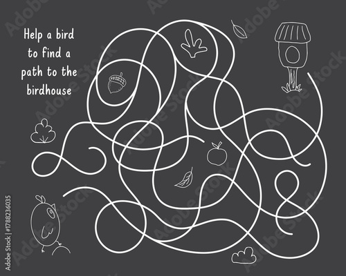Labyrinth, Maze game for children. Logical puzzle for kids. Quest to find the right path for a bird to the birdhouse. Vector illustration