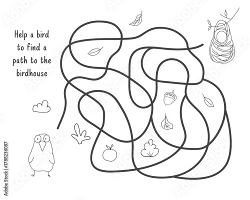 Labyrinth, Maze game for children. Logical puzzle for kids. Quest to find the right path for a bird to the birdhouse. Vector illustration
