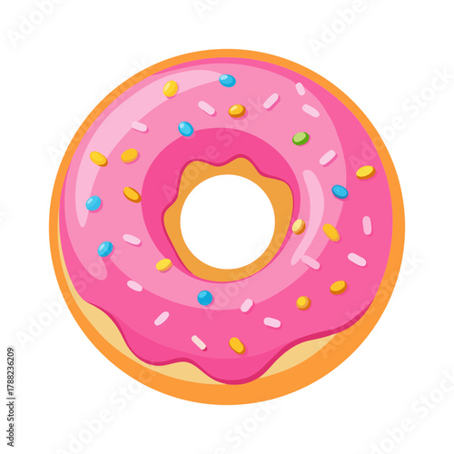 Pink circle donut with sprinkles vector illustration for sweet pastry dessert