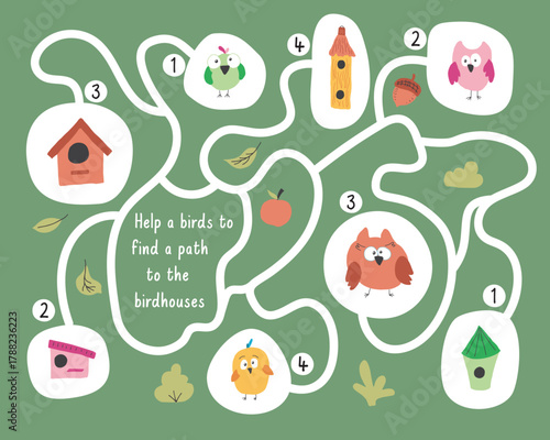 Labyrinth, Maze game for children. Logical puzzle for kids. Quest to find the right path for a bird to the birdhouse. Vector illustration