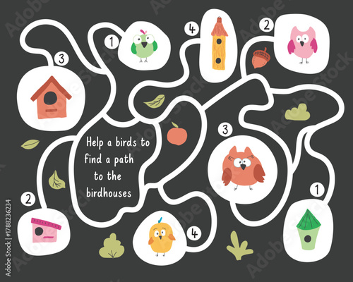 Labyrinth, Maze game for children. Logical puzzle for kids. Quest to find the right path for a bird to the birdhouse. Vector illustration