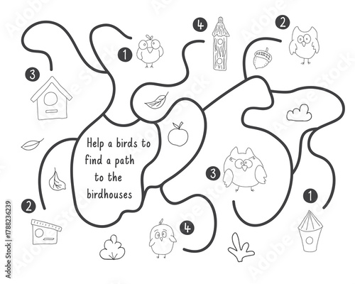 Labyrinth, Maze game for children. Logical puzzle for kids. Quest to find the right path for a bird to the birdhouse. Vector illustration