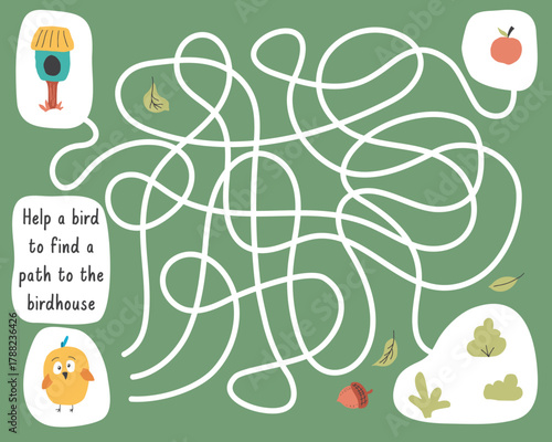 Labyrinth, Maze game for children. Logical puzzle for kids. Quest to find the right path for a bird to the birdhouse. Vector illustration