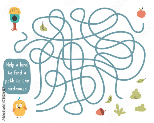Labyrinth, Maze game for children. Logical puzzle for kids. Quest to find the right path for a bird to the birdhouse. Vector illustration