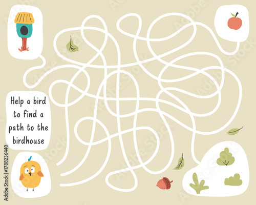 Labyrinth, Maze game for children. Logical puzzle for kids. Quest to find the right path for a bird to the birdhouse. Vector illustration