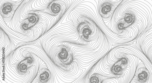 Hypnotic grayscale line art featuring swirling vortex formations and intricate thread-like patterns