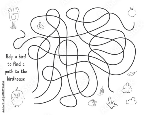 Labyrinth, Maze game for children. Logical puzzle for kids. Quest to find the right path for a bird to the birdhouse. Vector illustration