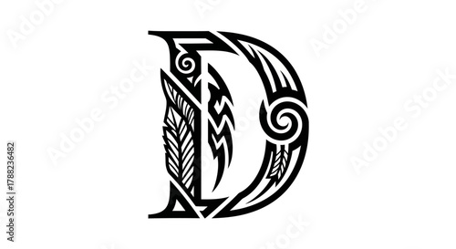 Decorative Letter D with Tribal Design Elements, Ornamental Initial Graphic for Personalized