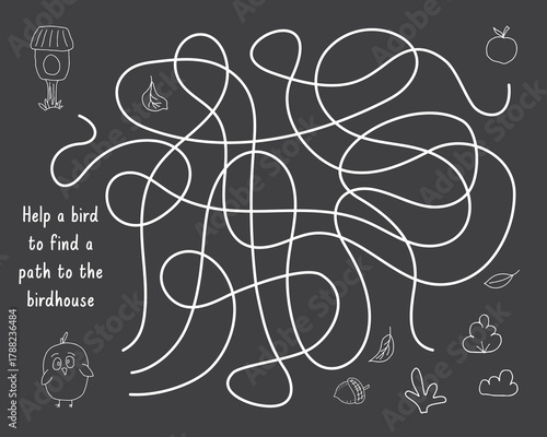 Labyrinth, Maze game for children. Logical puzzle for kids. Quest to find the right path for a bird to the birdhouse. Vector illustration
