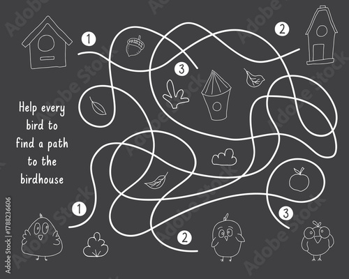 Labyrinth, Maze game for children. Logical puzzle for kids. Quest to find the right path for a bird to the birdhouse. Vector illustration
