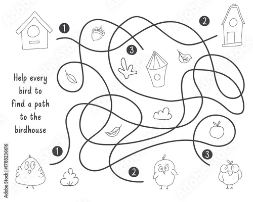 Labyrinth, Maze game for children. Logical puzzle for kids. Quest to find the right path for a bird to the birdhouse. Vector illustration